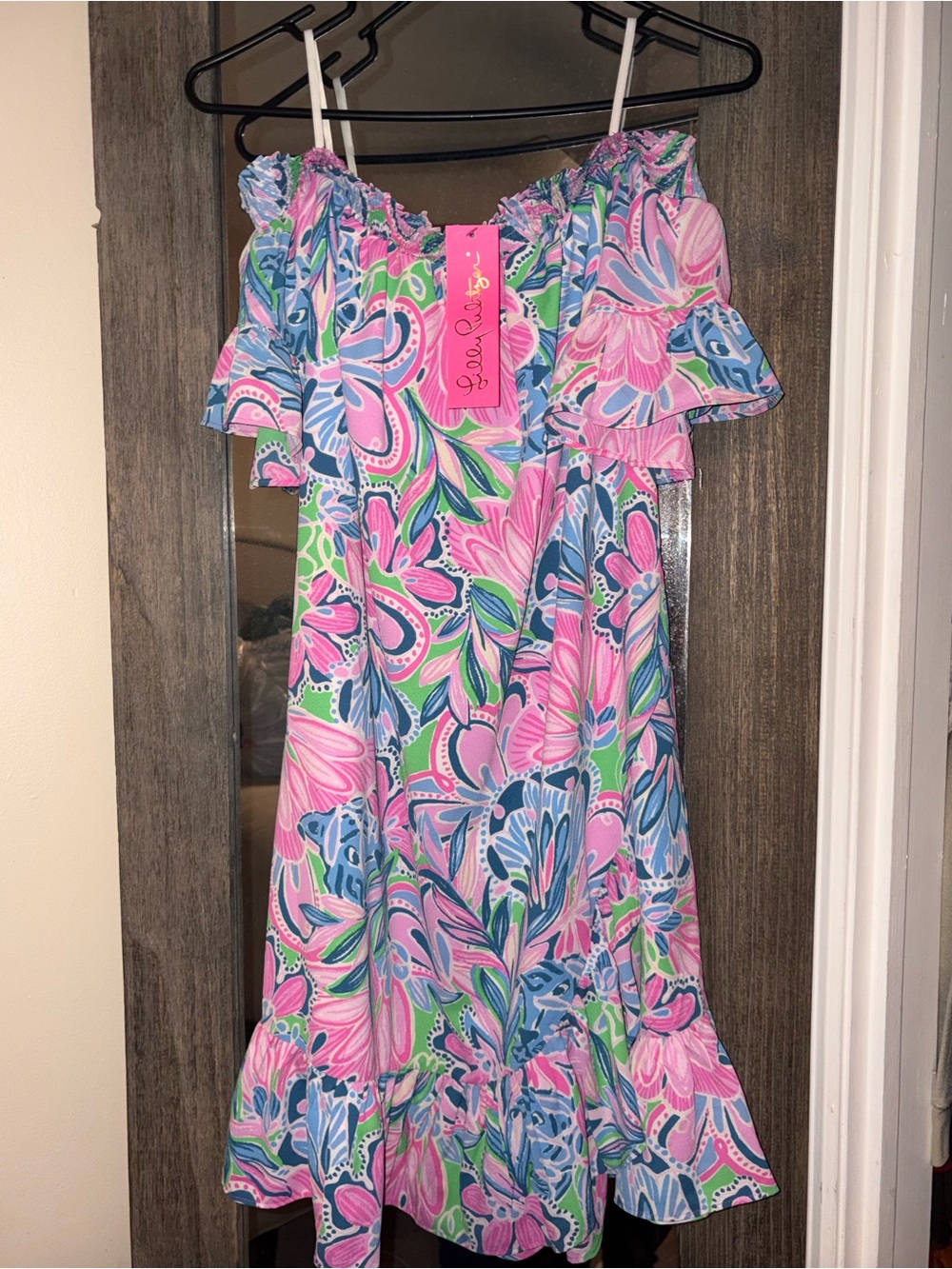 Lilly Pulitzer Pink Blue Green Floral Off-Shoulder Sundress